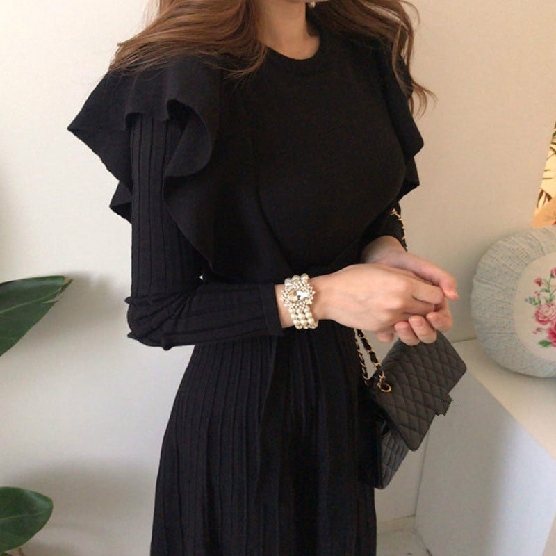 Ruffles Slim Waist Long Sleeve A Line Pleated Dress