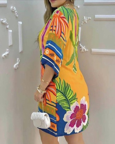 Tropical Print Half Sleeve Casual Dress