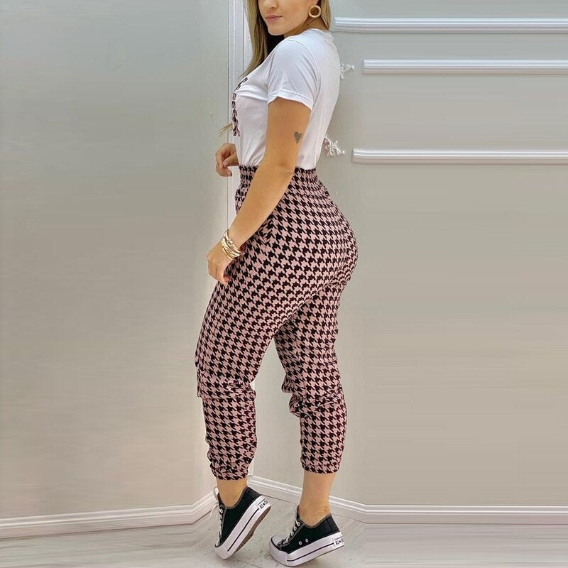 Houndstooth Letter Print Short Sleeve Top & Pants Set