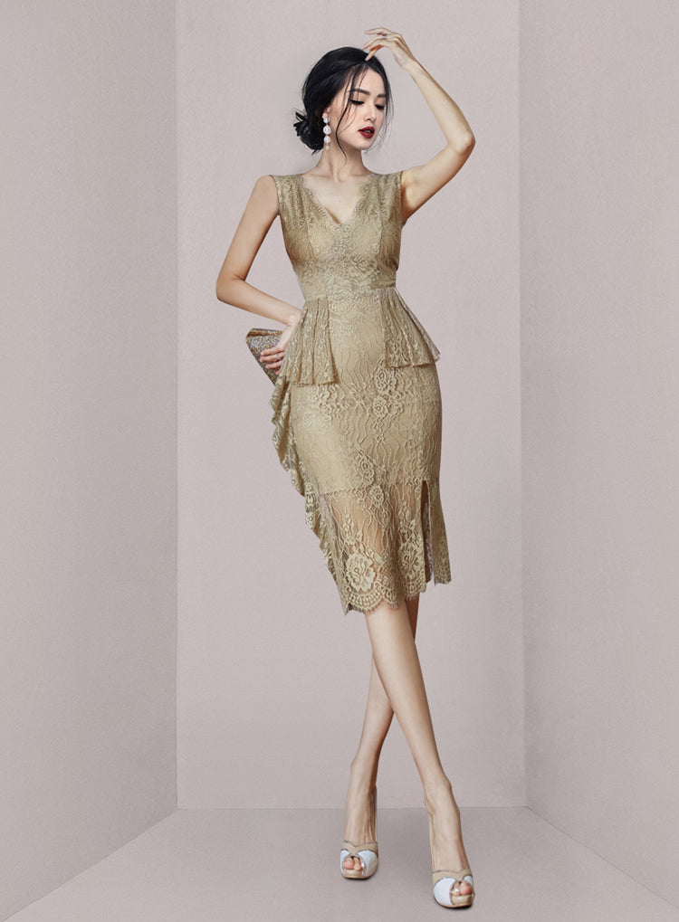 V-neck Ruffled Lace Sheath Pencil  Dress