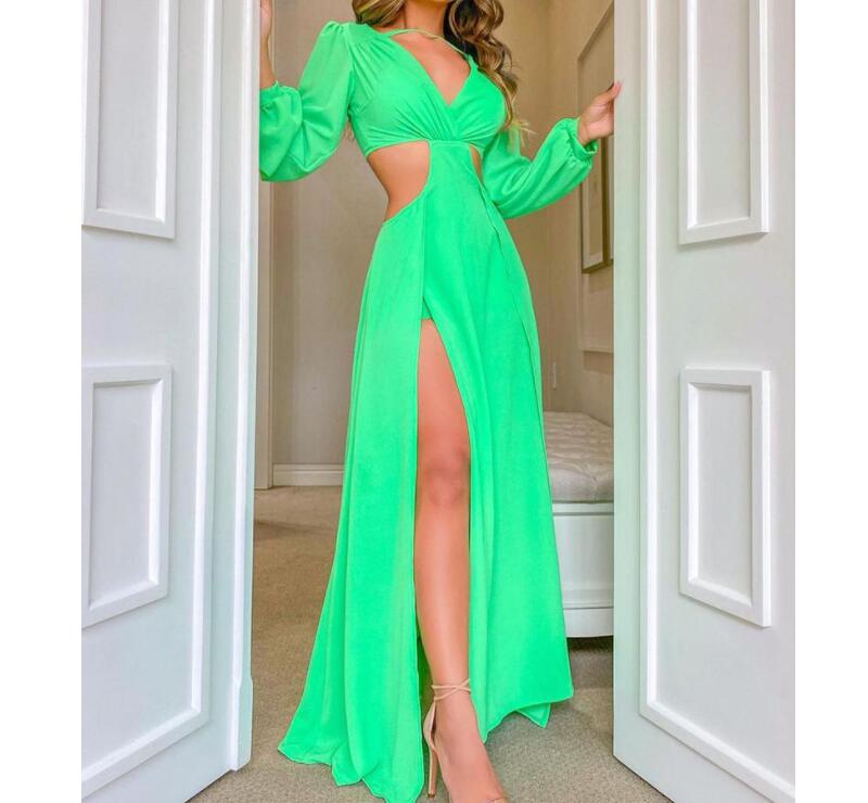 Summer Women's Solid Color Long Sleeve High Slit Cutout Maxi Dress