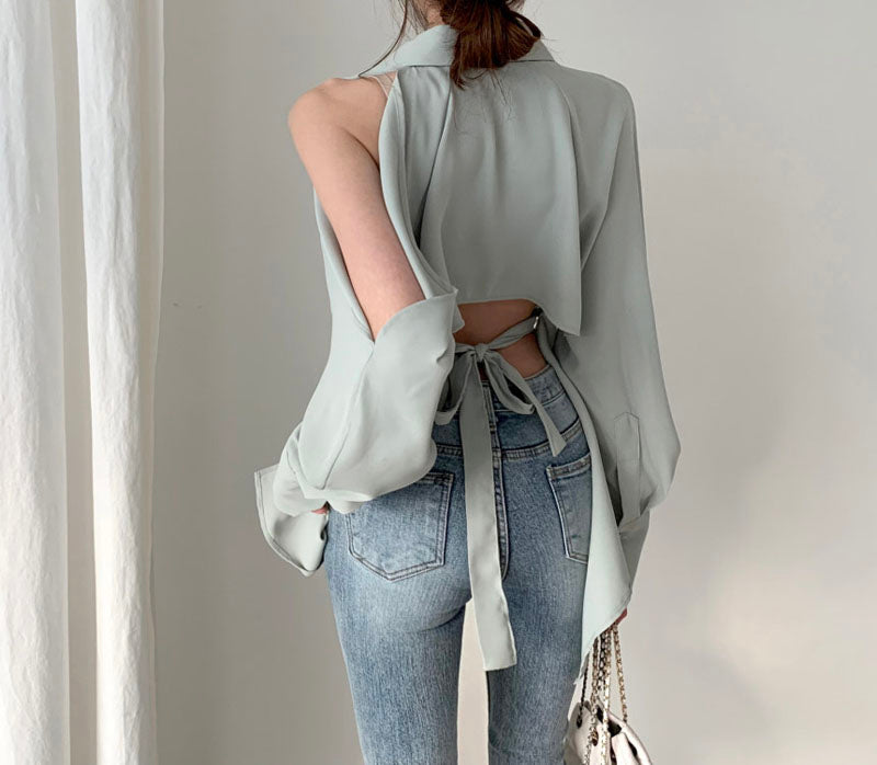 Hollow Out Turn Down Collar Off Shoulder Fashion Shirt