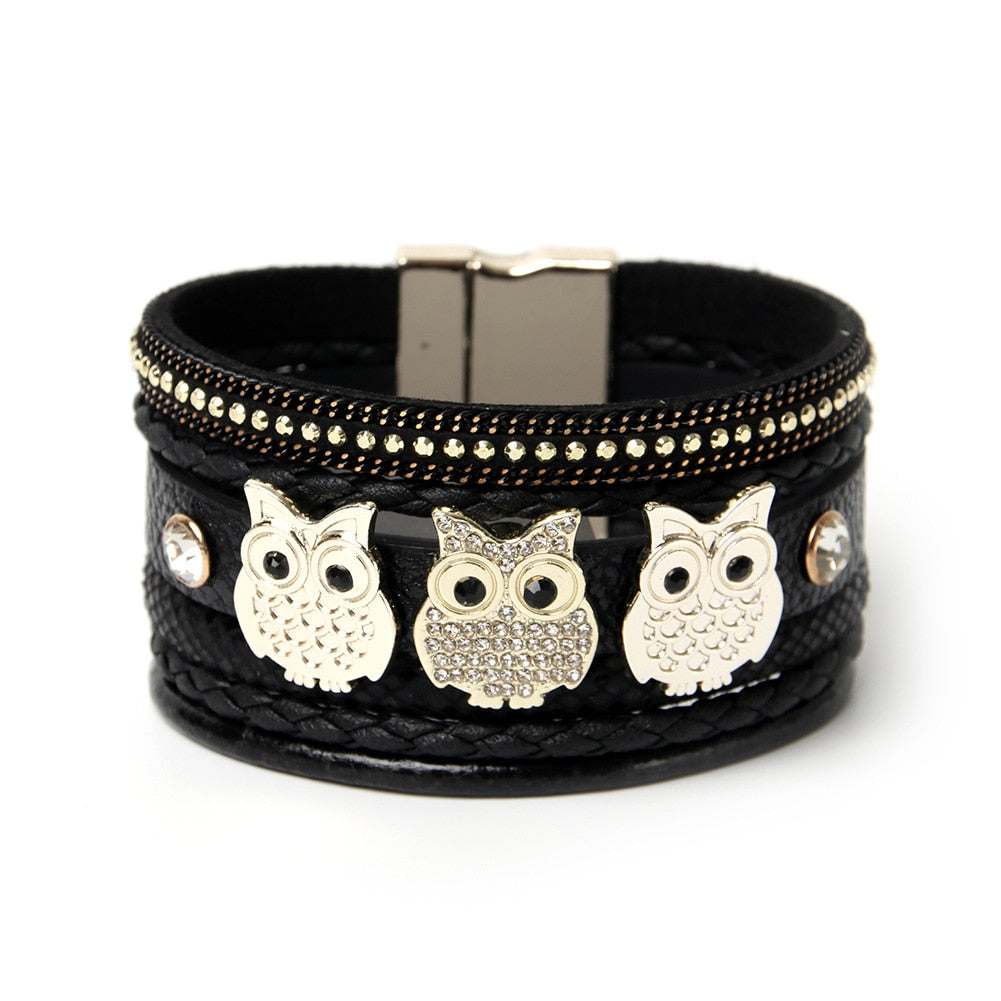 Rhinestone Owl Charm Wrap Leather Magnetic Buckle Bracelets