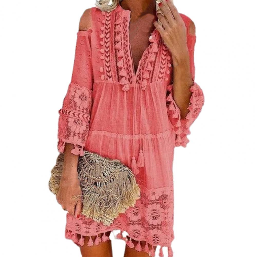 Long Sleeve Tassel Fringe Lace Deep V-Neck Shift Dress