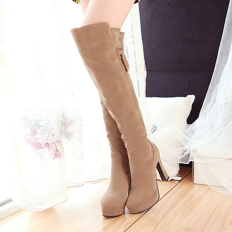 Fashion Belt Buckle Flock Round Head Zipper Thick heel High heel Over the knee Boots