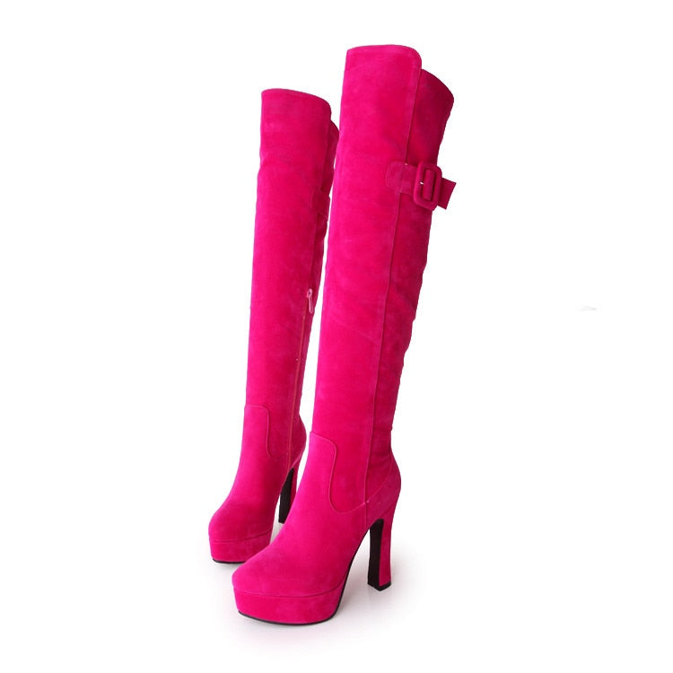 Fashion Belt Buckle Flock Round Head Zipper Thick heel High heel Over the knee Boots