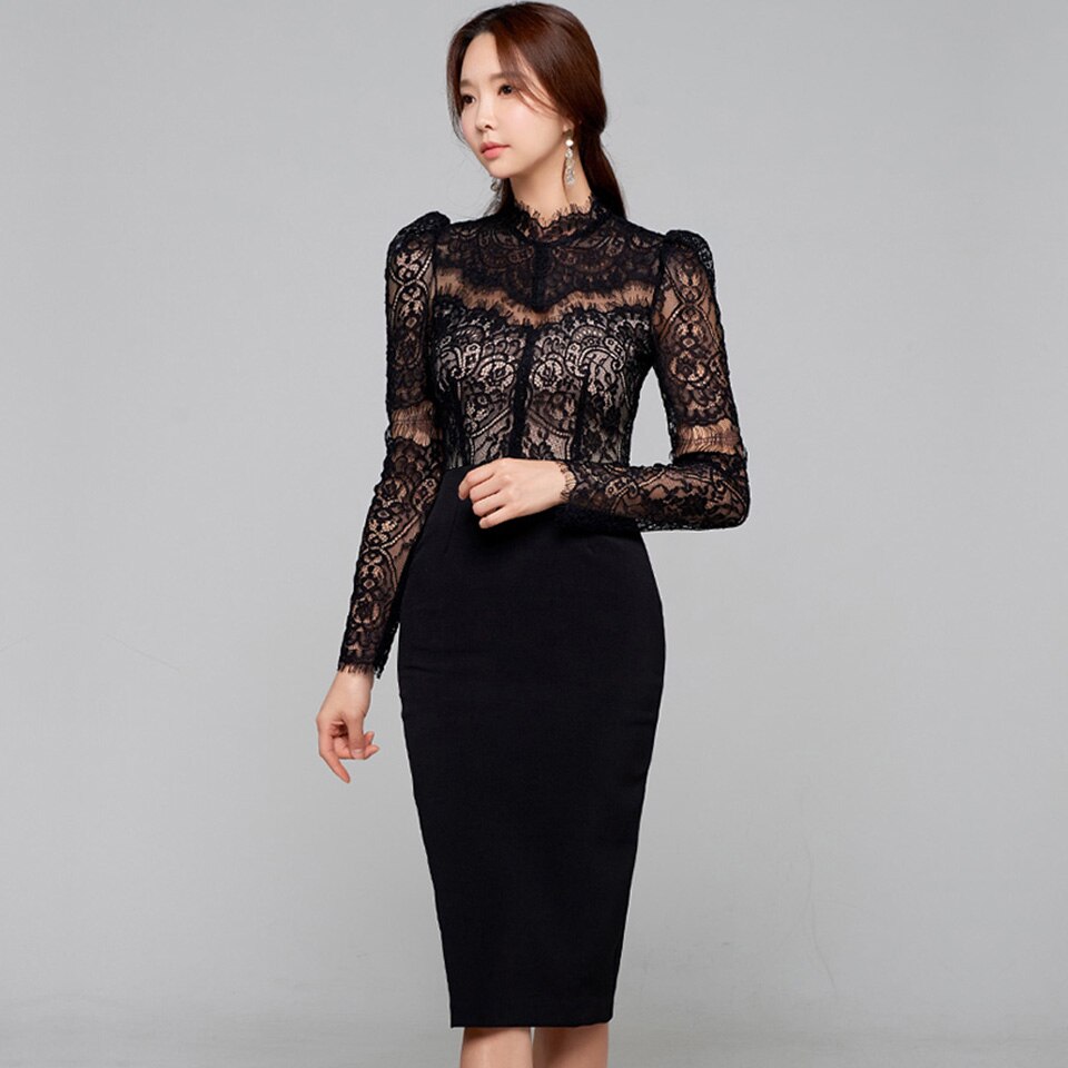 Spring White Black High Waist Tight Stitching Sexy Lace Stand Collar Long Sleeves Office Dress