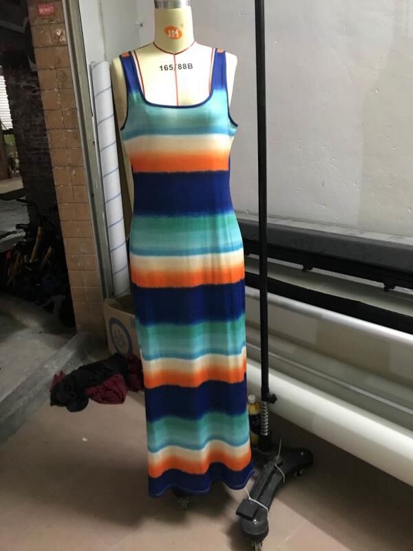 Striped Tie Dye Print Sleeveless Bodycon Maxi Tank Tee Dress