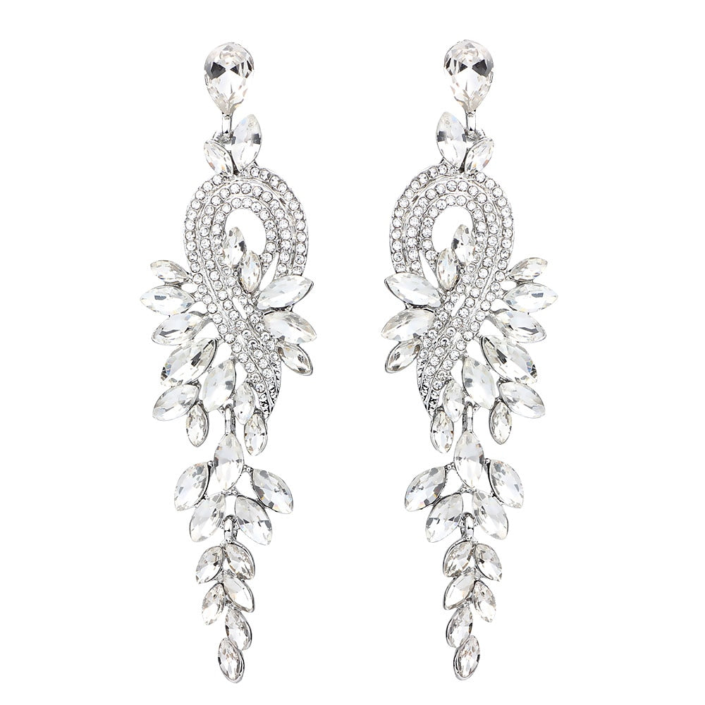 Luxury Crystal Leaf Long Drop Earrings