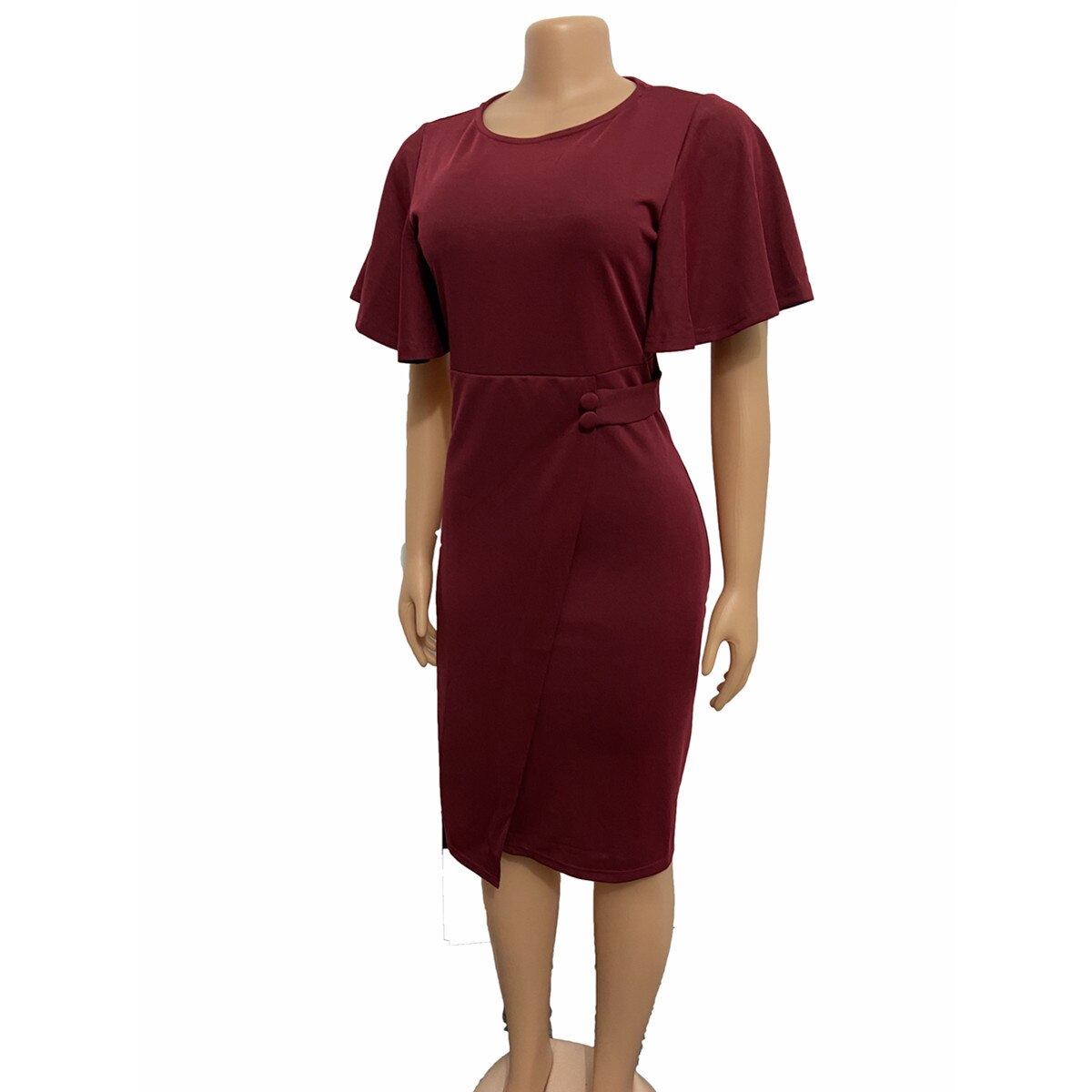 Button Design O-neck Bodycon Office Dress