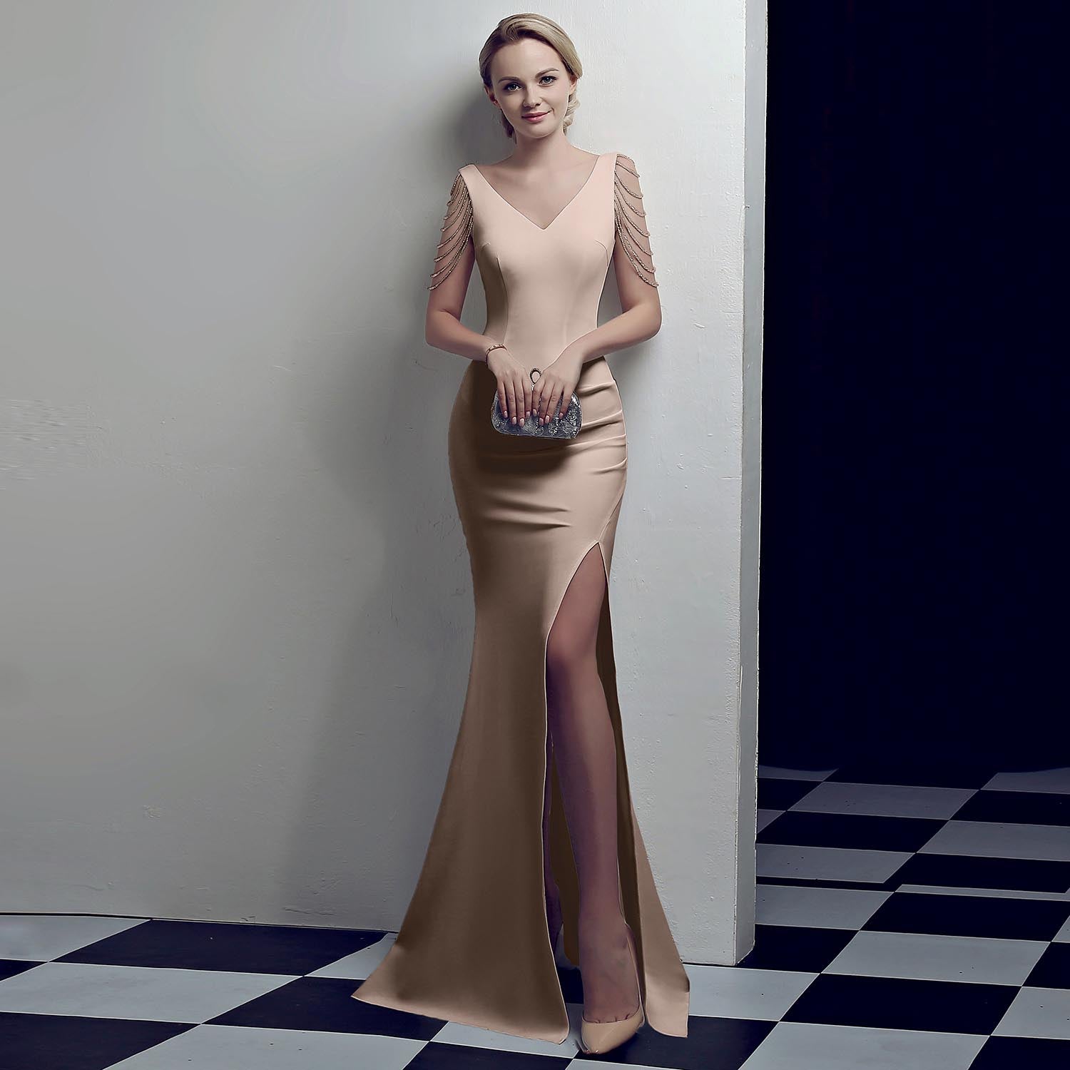Crystal Beading V Neck Sleeveless Elegant Evening Dress Women