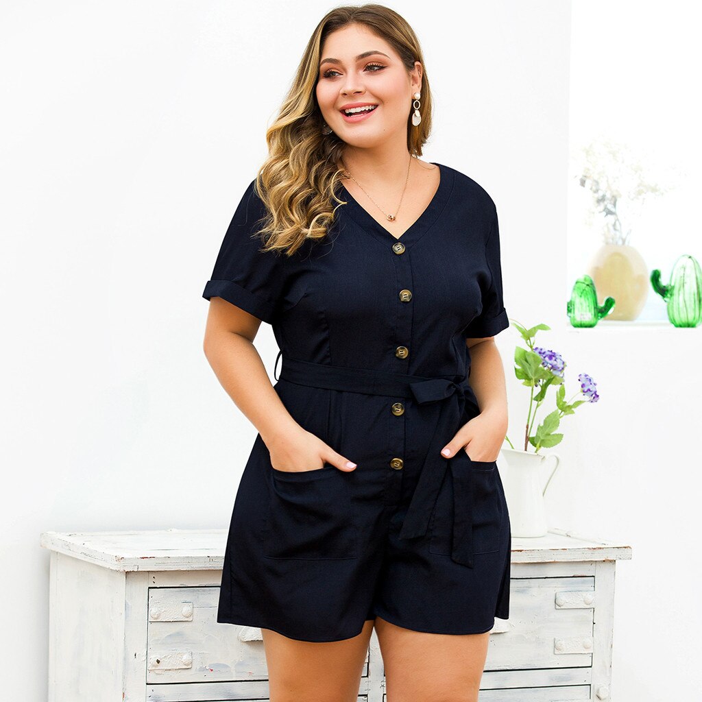 Plus Size V-neck Short Sleeve Belt Short Overalls Jumpsuit