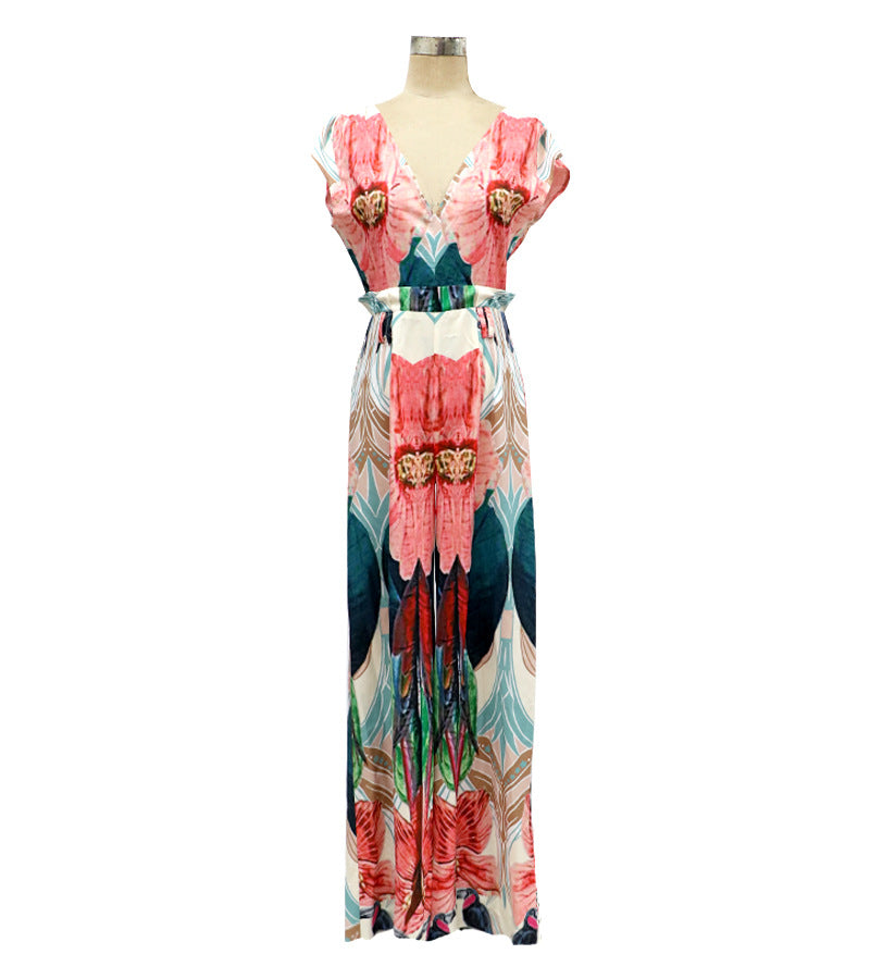 Floral Print Sexy V-Neck Sleeveless High Waist Wide Leg Jumpsuit