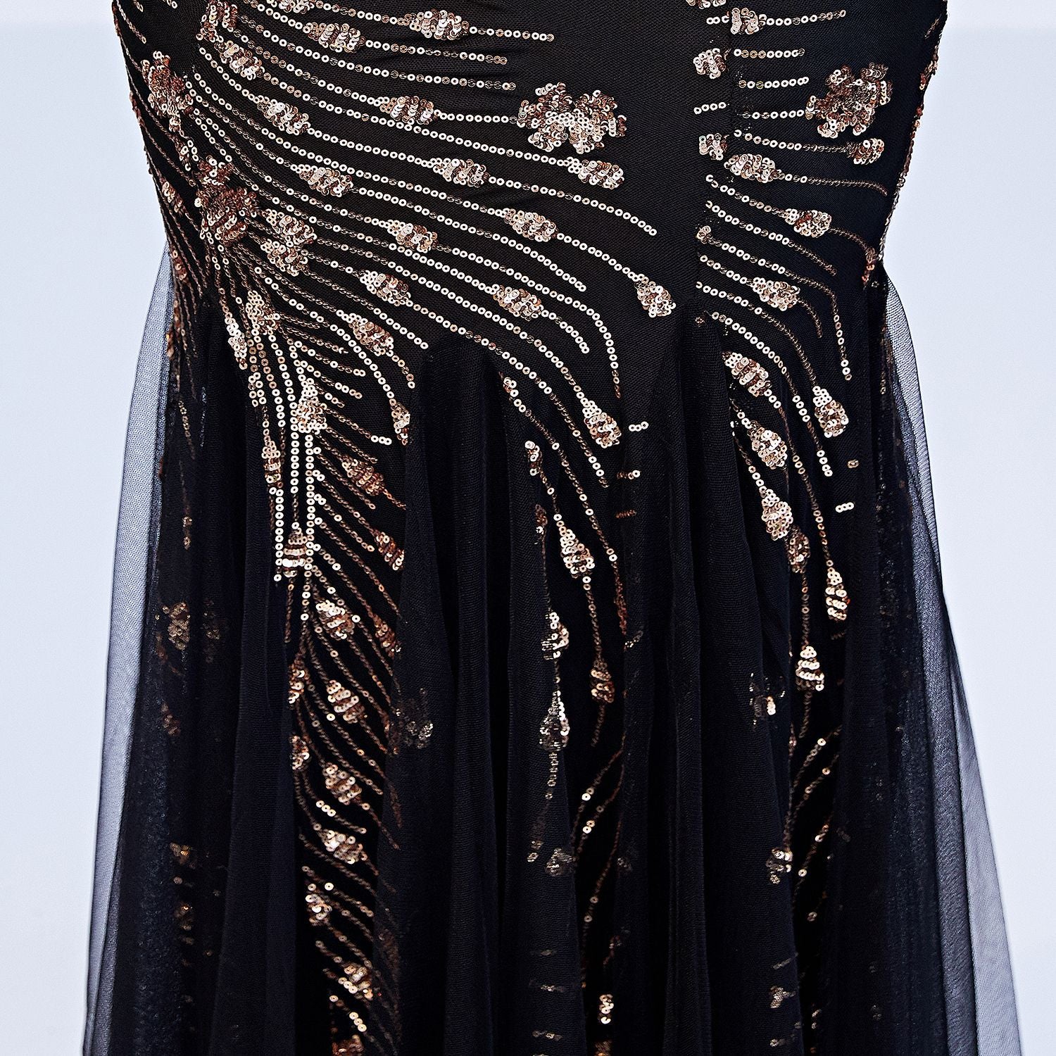 Luxury Black Mesh & Gold Floral Sequined V Neck Mermaid Dress