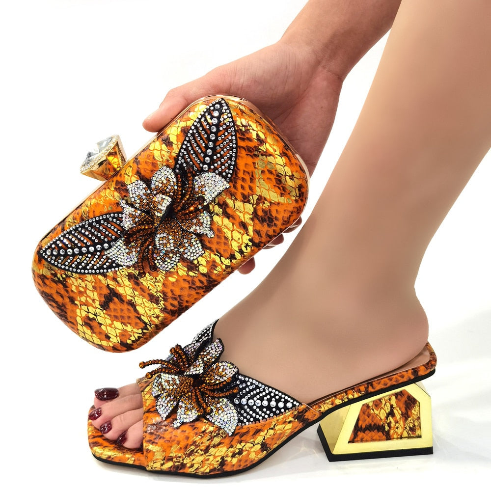 Italian Design Snake Pattern Rhinestone Flower Shoes and Bag