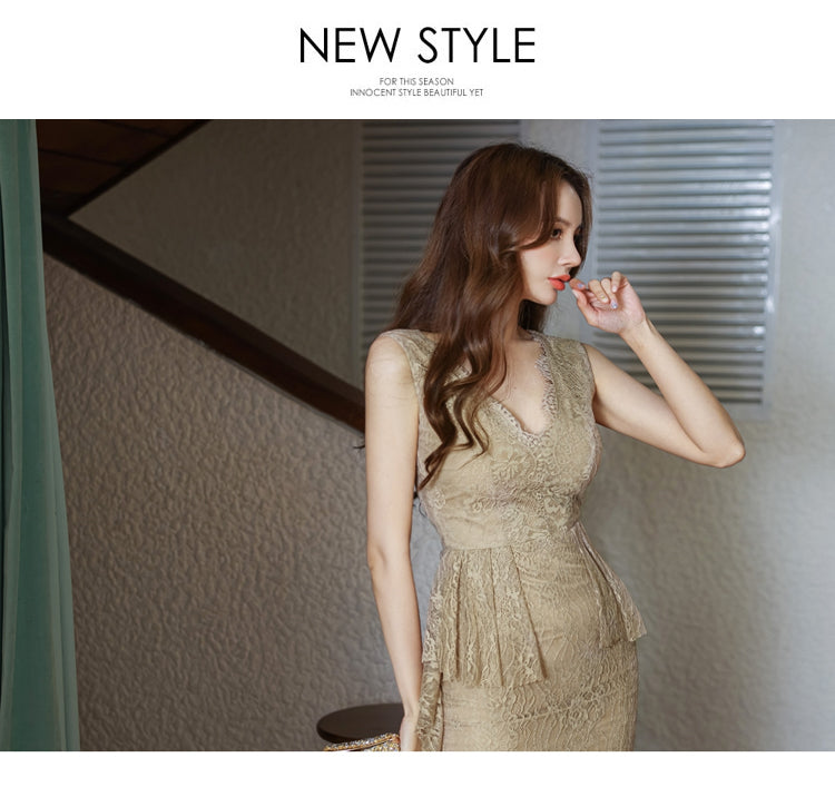 V-neck Ruffled Lace Sheath Pencil  Dress