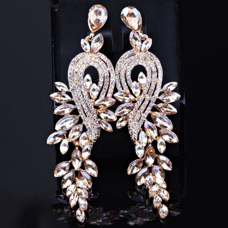 Luxury Crystal Leaf Long Drop Earrings