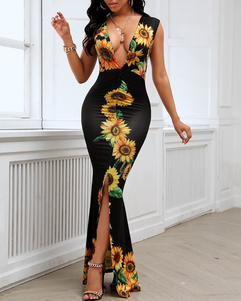 Sexy Plunge Sunflower Print Slit Fishtail Hem Maxi Dress