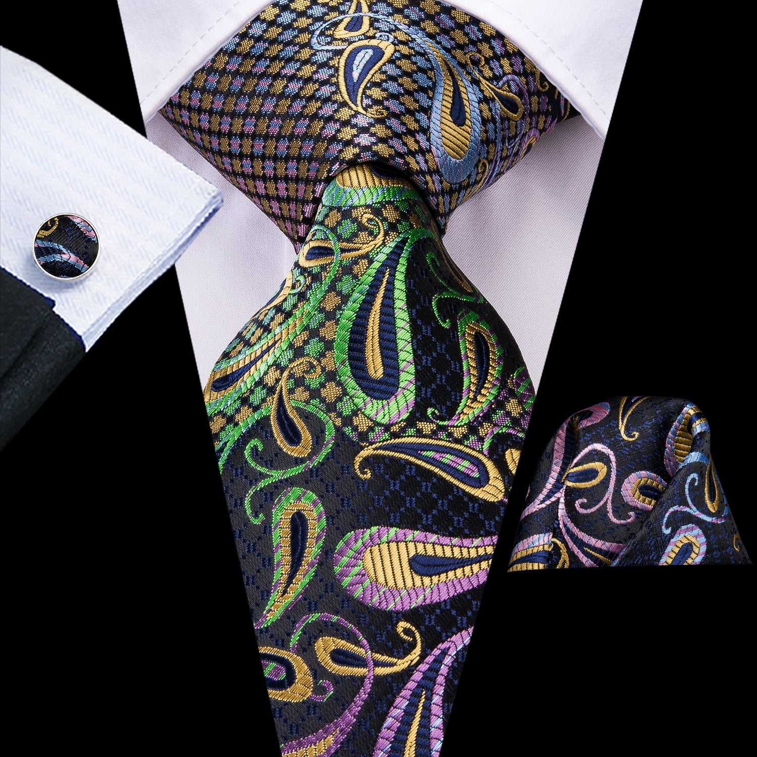 100% Silk Luxury Men's NeckTie Pocket Square Cufflinks Set