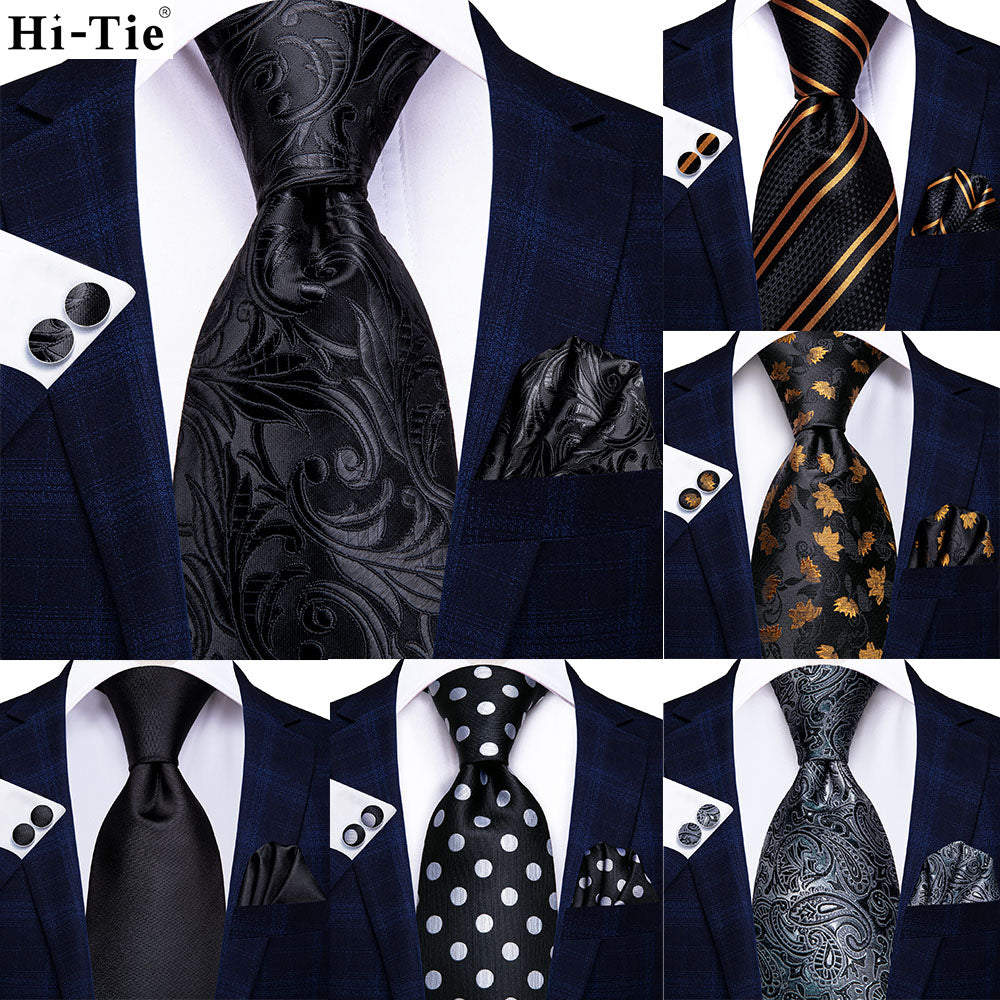 Black Solid Dot Silk Wedding Tie Hanky Cufflink Set