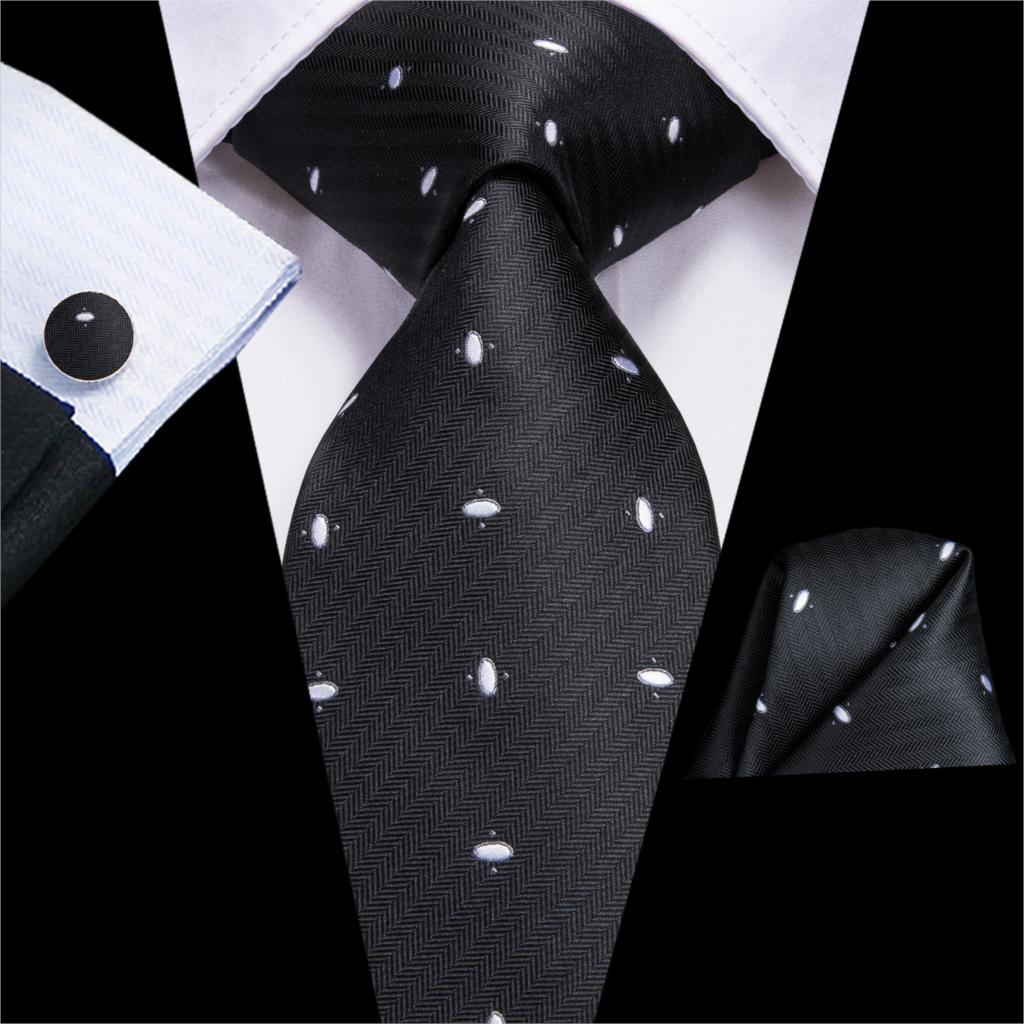 Black Solid Dot Silk Wedding Tie Hanky Cufflink Set