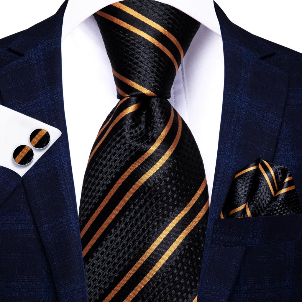 Black Solid Dot Silk Wedding Tie Hanky Cufflink Set