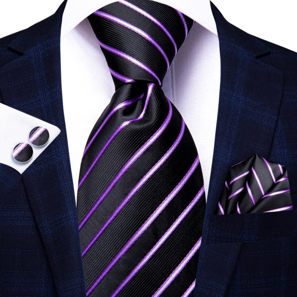 Black Solid Dot Silk Wedding Tie Hanky Cufflink Set