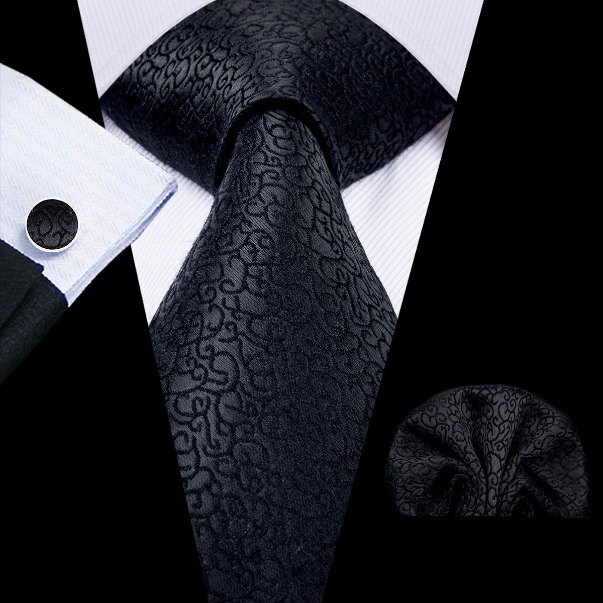 Black Solid Dot Silk Wedding Tie Hanky Cufflink Set