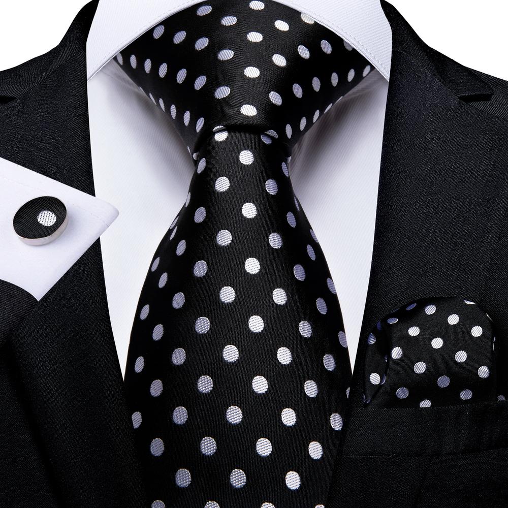 Black Solid Dot Silk Wedding Tie Hanky Cufflink Set