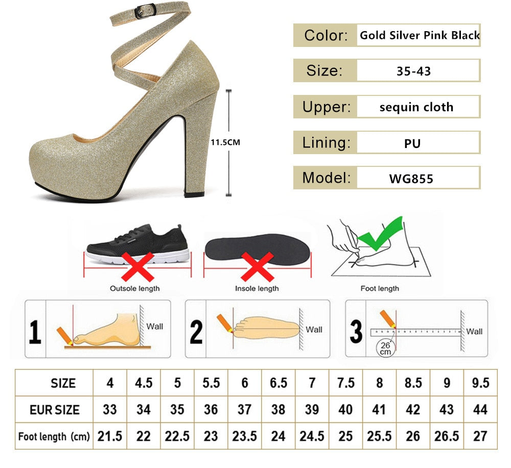 Women's Gold Silver Black Pink Shiny Sequin Cloth  Fashion Platform High Heels