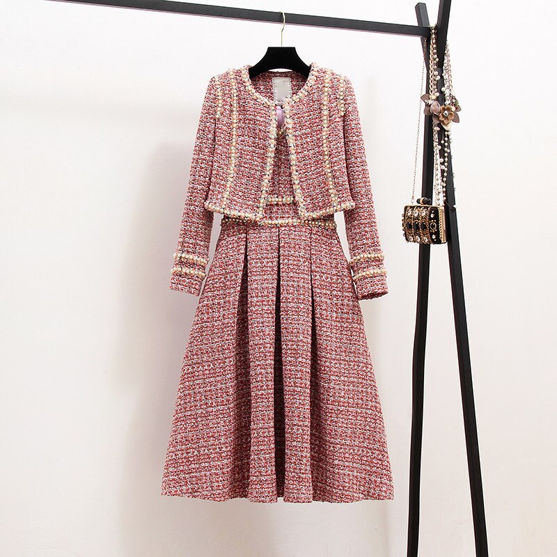 Elegant Thick Short Jacket Coat + Plaid Beading Slim Vest Dress Suit