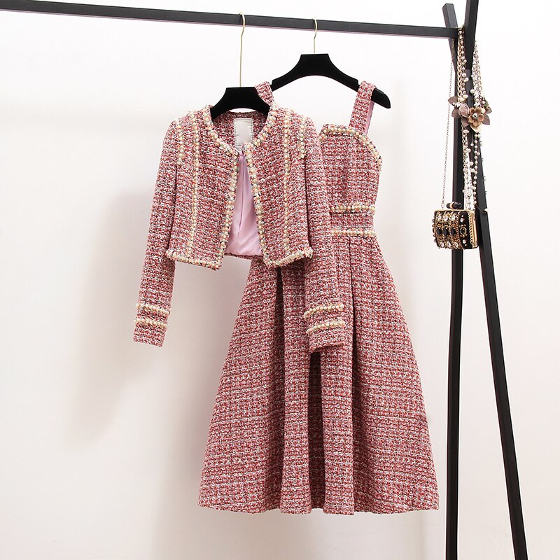 Elegant Thick Short Jacket Coat + Plaid Beading Slim Vest Dress Suit