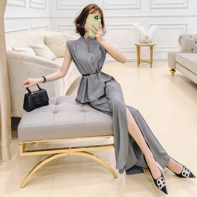 Sleeveless Slim With Sashes Pants Suit