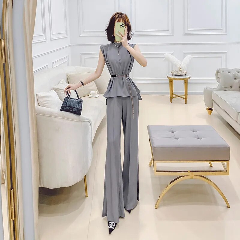 Sleeveless Slim With Sashes Pants Suit