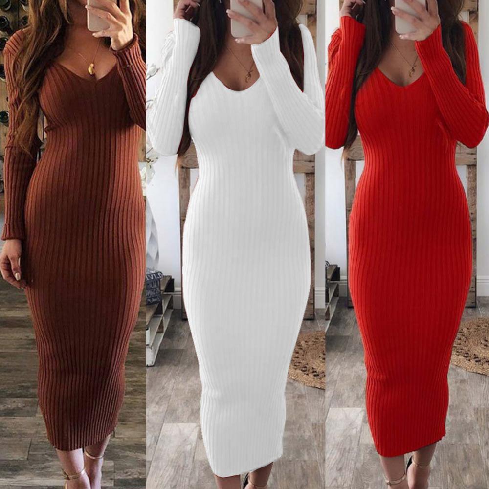 Long Sleeve V Neck Backless Ribbed Bodycon Slim Knitted Midi Dress