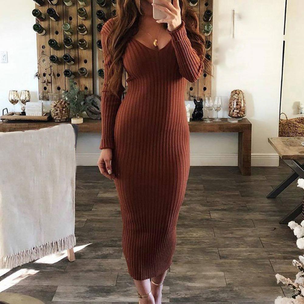 Long Sleeve V Neck Backless Ribbed Bodycon Slim Knitted Midi Dress