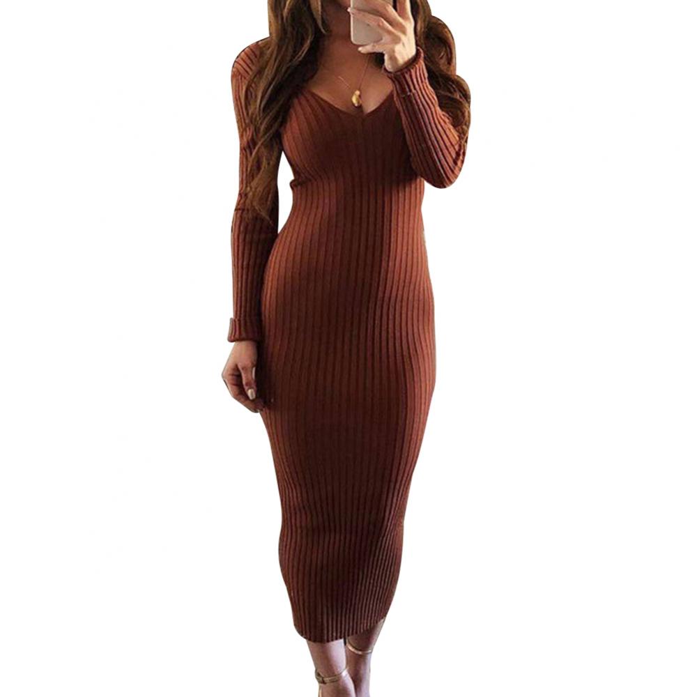 Long Sleeve V Neck Backless Ribbed Bodycon Slim Knitted Midi Dress