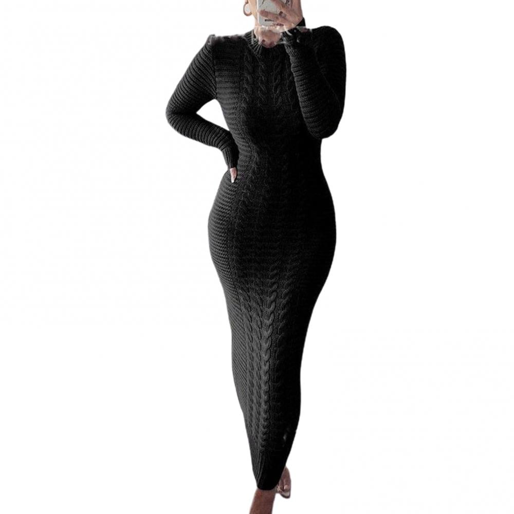 Autumn Winter Long Sleeve Twisted Knitted Bodycon Warm Maxi Sweater Dress