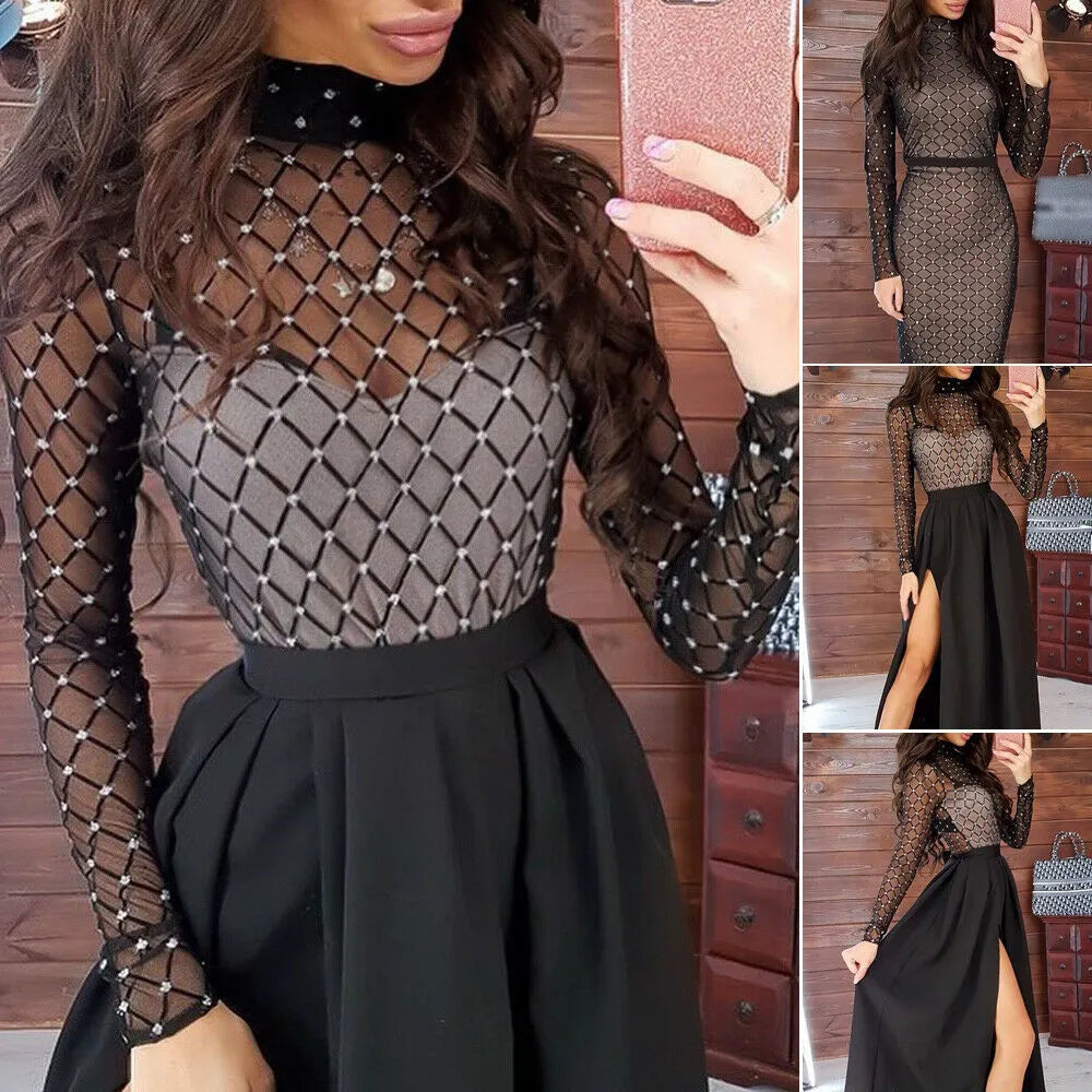 Hot Women Transparent Bandage Bodycon Long Sleeve  Slim Stretch Dresses