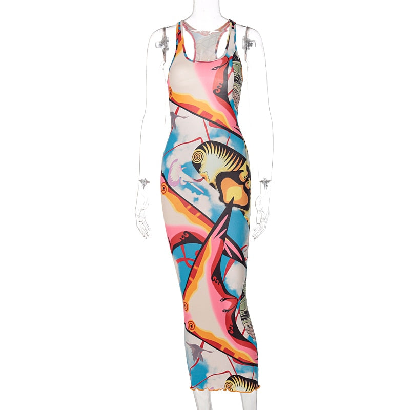 Sleeveless Hollow Out Straps Asymmetric Print Backless Ruched Maxi Dress