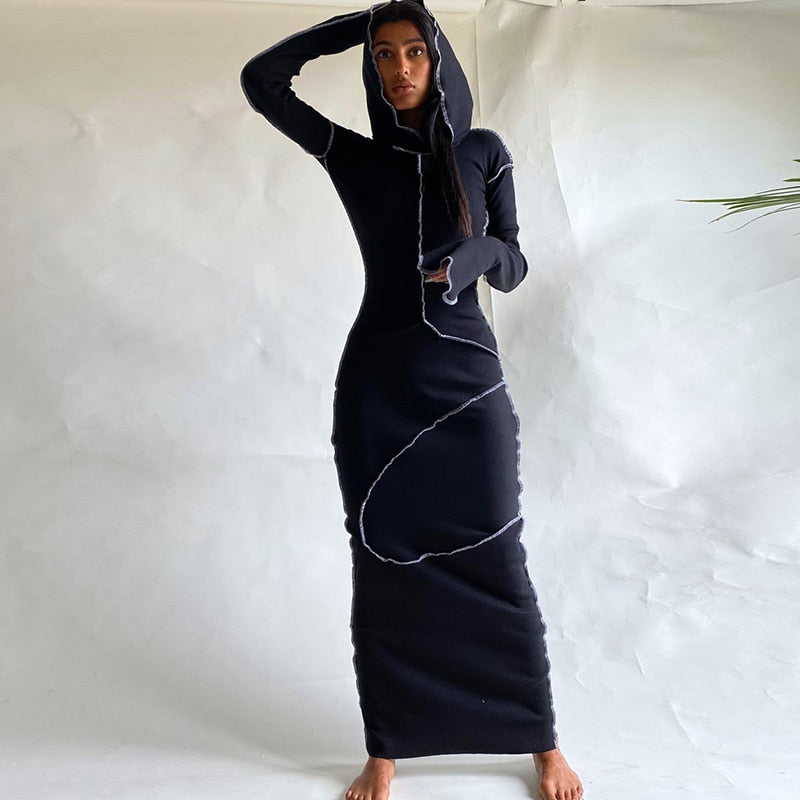 Long Sleeve Hooded Patchwork Skinny Maxi Dress