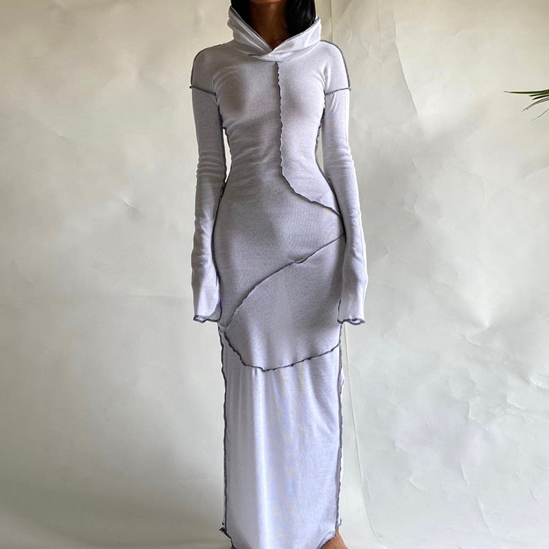 Long Sleeve Hooded Patchwork Skinny Maxi Dress