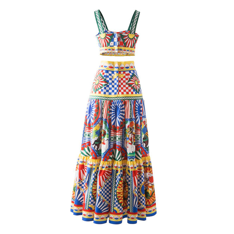 Summer Spaghetti Strap Crop Top+Ankle Length Skirt
