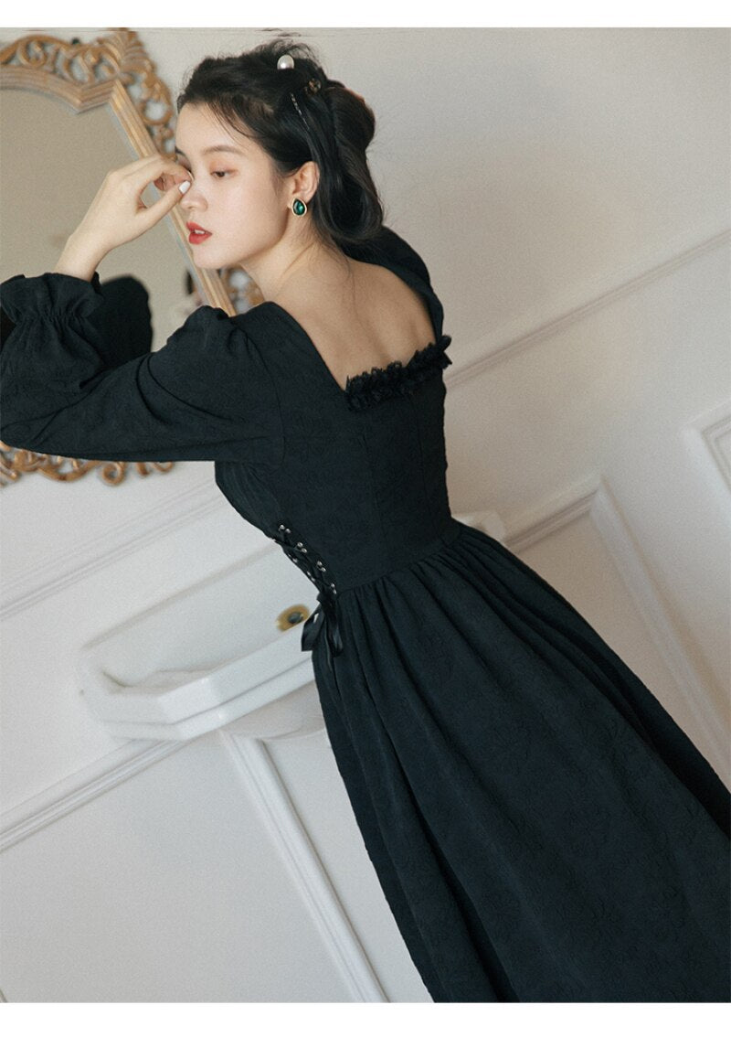 French Style Spring Autumn Square Collar White Black Bandage Dress