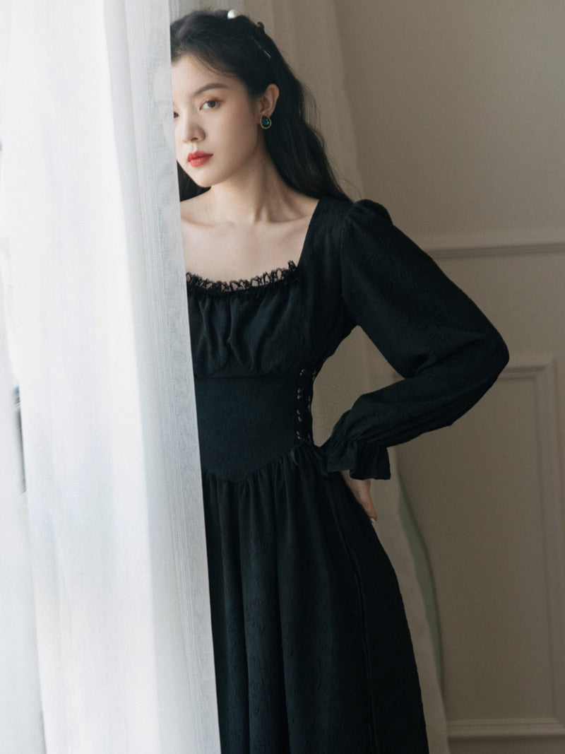 French Style Spring Autumn Square Collar White Black Bandage Dress