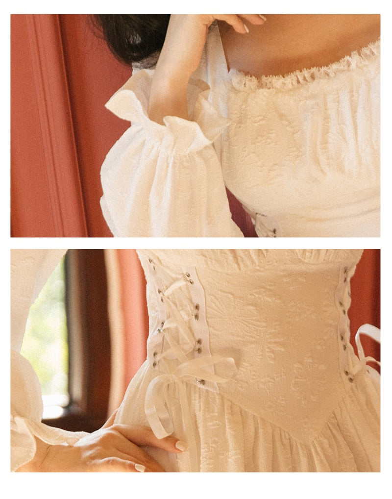 French Style Spring Autumn Square Collar White Black Bandage Dress