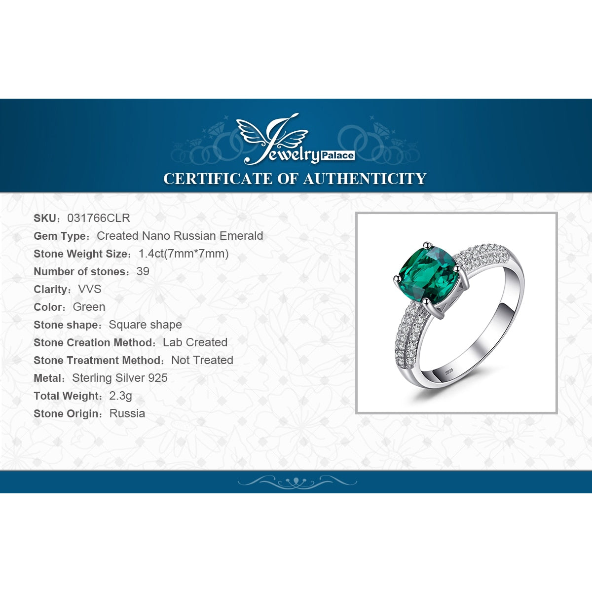 Green Simulated Nano Emerald Ring 925 Sterling Silver
