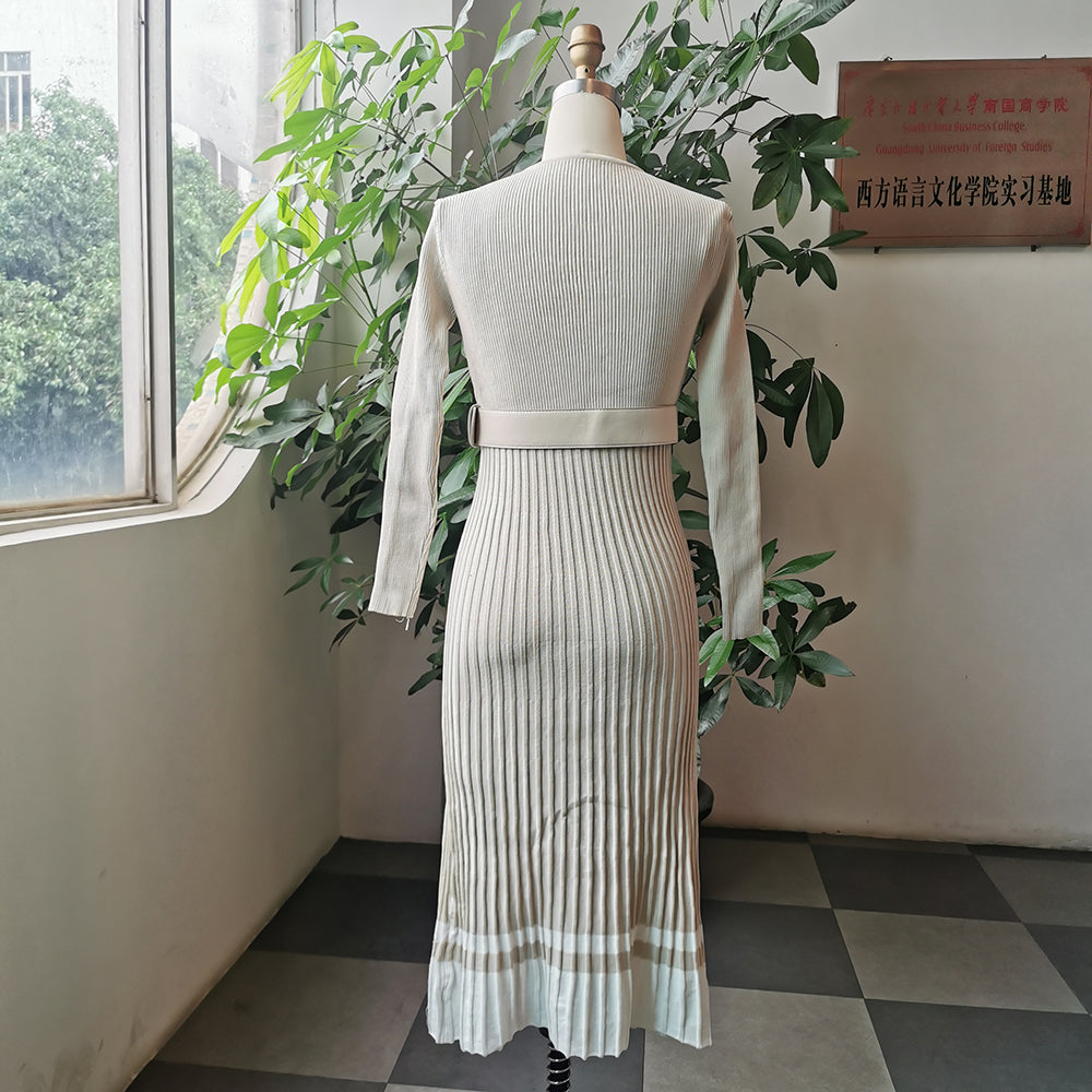 Spring Long Sleeves V-Neck  Vintage Color Block Stretchy Sweater Dress