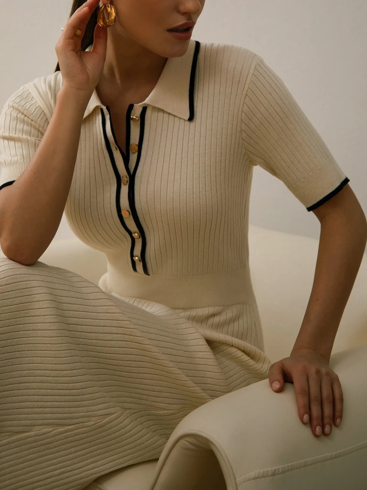 Contrast Color Summer Polo Collar Button Short Sleeve Bodycon Knitted Midi Dress
