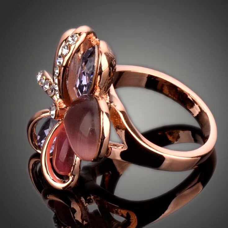 Gold Color Flower Shape Crystal Opal Ring